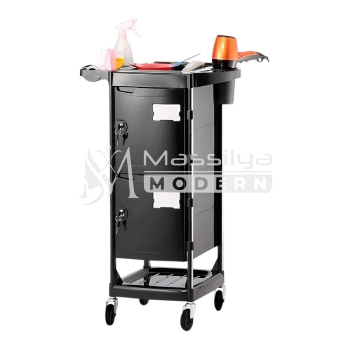 Chariot de Coiffure Rangement Professionnel avec Serrure – 2 Portes – Noir – Image 2