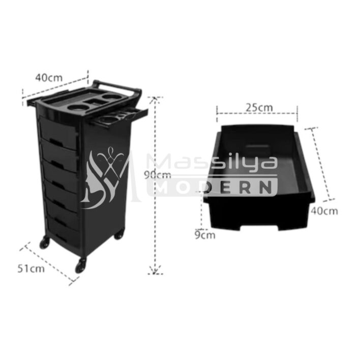 Chariot de Coiffure Rangement Professionnel – 6 Tiroirs – Plateau Latéral – Noir – Image 4