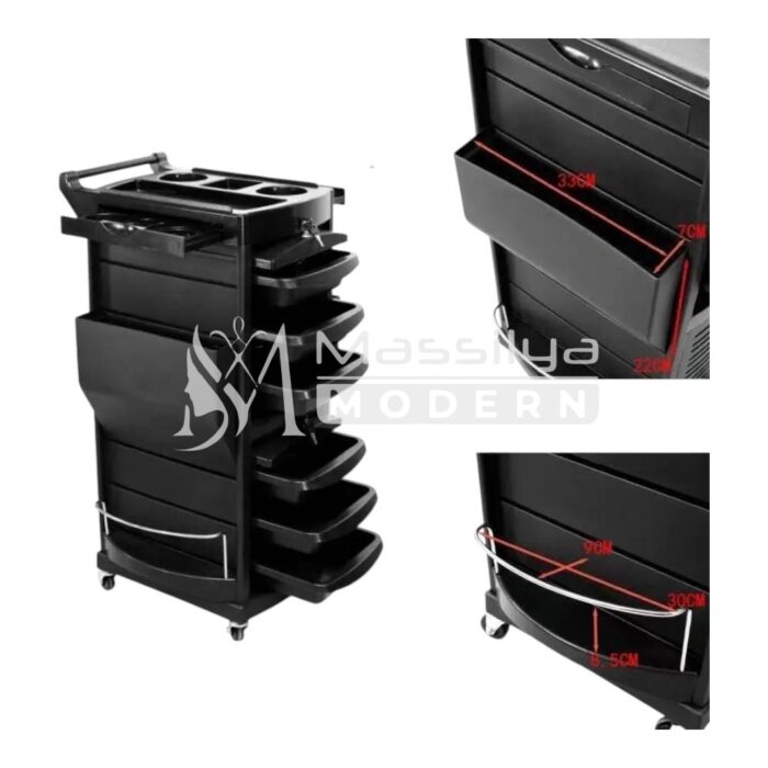 Chariot de Coiffure Rangement Professionnel – 6 Tiroirs + Portes à Volets – Noir – Image 5