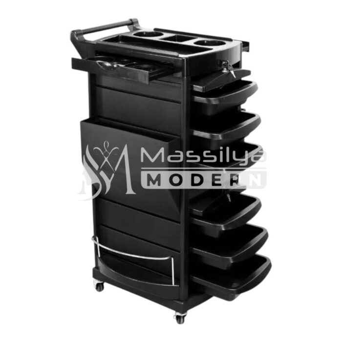 Chariot de Coiffure Rangement Professionnel – 6 Tiroirs + Portes à Volets – Noir – Image 3
