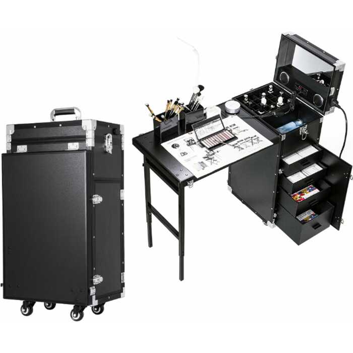 Valise Maquillage à roulettes, Table de Manucure Pliable Bureau de Manucure Mobile Portable avec 4 Tiroir et Miroirs – Image 3