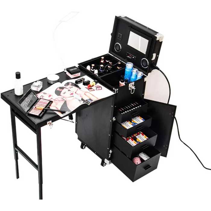 Valise Maquillage à roulettes, Table de Manucure Pliable Bureau de Manucure Mobile Portable avec 4 Tiroir et Miroirs – Image 4