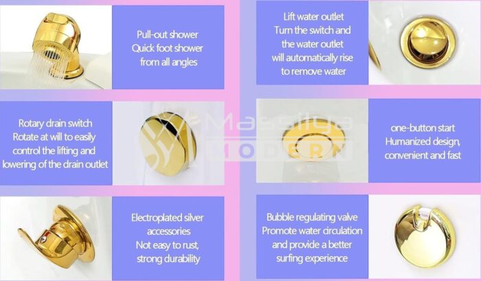 Bassin de pédicure spa professionnel avec lumières LED colorées (avec accessoires gold) – Image 3