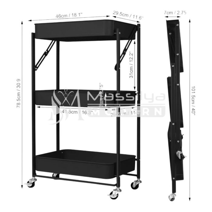Chariot auxiliaire en métal pliante à roulettes 3 niveaux (noir/blanc) – Image 2